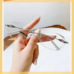 Myopia Glasses Women Ultralight Rimless Prescription Glasses -100 To -500 Girls Shiny Diamond Leg Blue Light Blocking Eyeglasses