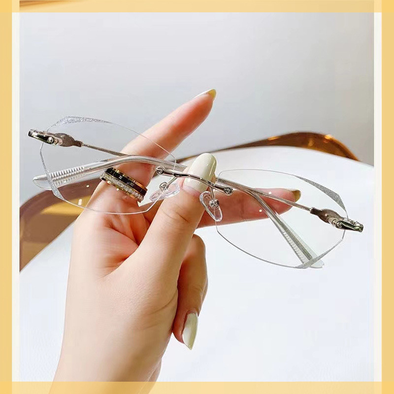  Myopia Glasses Women Ultralight Rimless Prescription Glasses -100 To -500 Girls Shiny Diamond Leg Blue Light Blocking Eyeglasses 