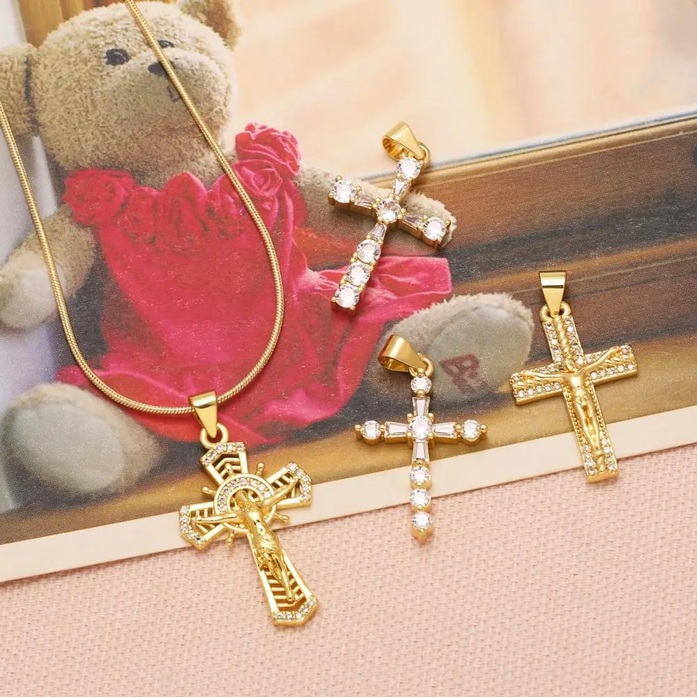 OCESRIO Vintage Cross Pendant Copper Gold Plated CZ Jesus Crucifix Charms for Necklace DIY Jewelry Making Supplies pdtc077