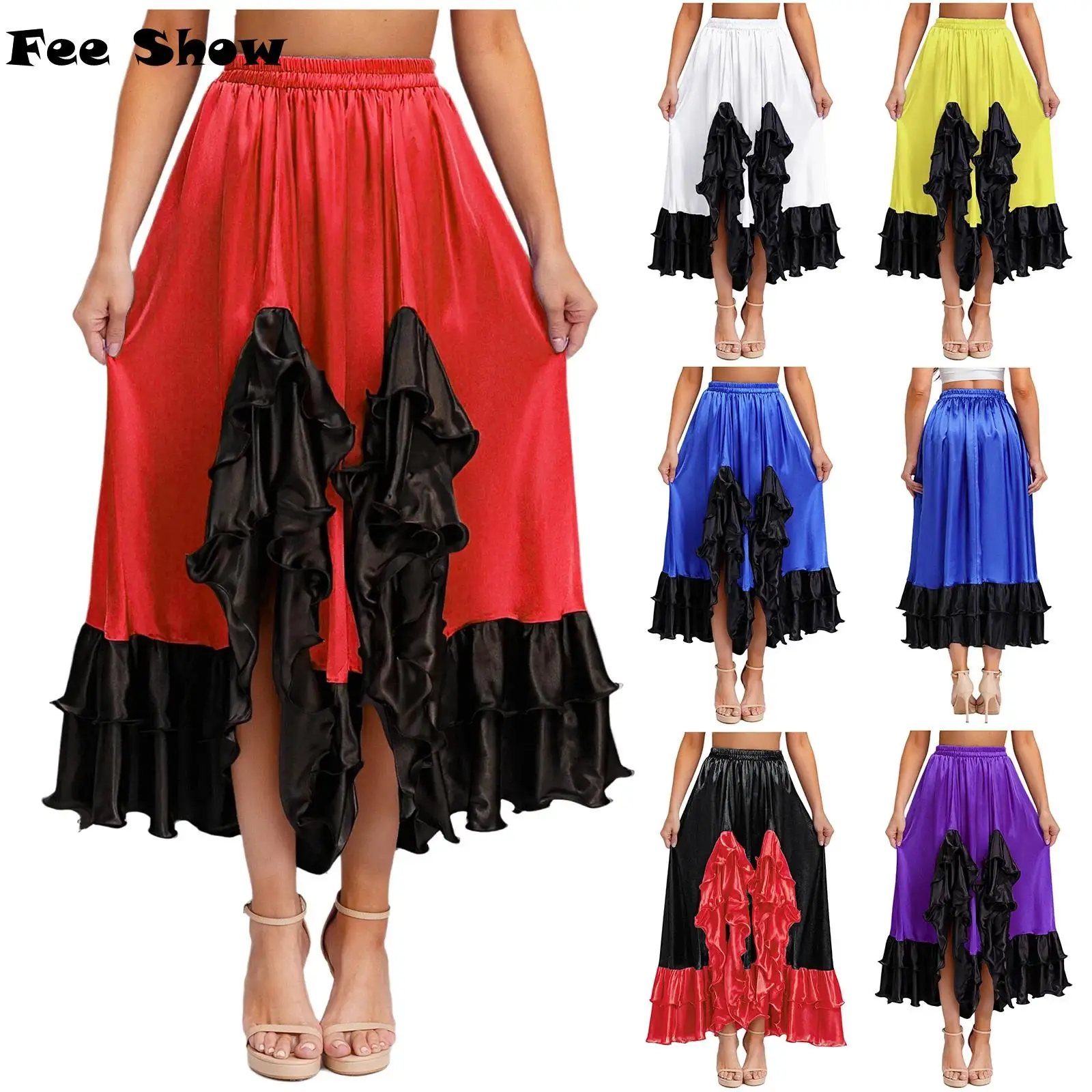

Женская юбка для танцев фламенко с рюшами и нерегулярным подолом контрастного цвета, атласная большая распашная юбка для испанского танца, танго, сальсы