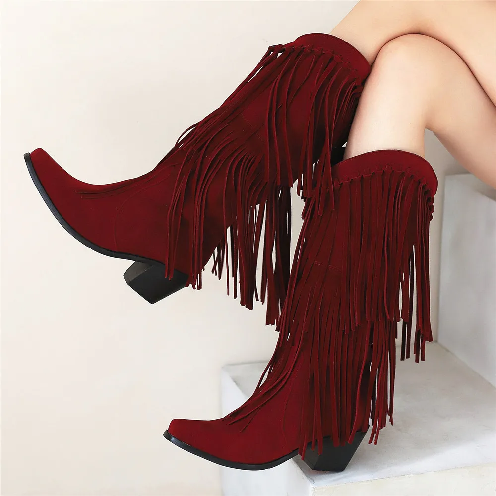 Fashion Autumn Winter Ethnic Woman Bohemian Flock Tassle Hidden Moccasin High heels Mid-Calf Boots Fringe Female Slip On Shoes