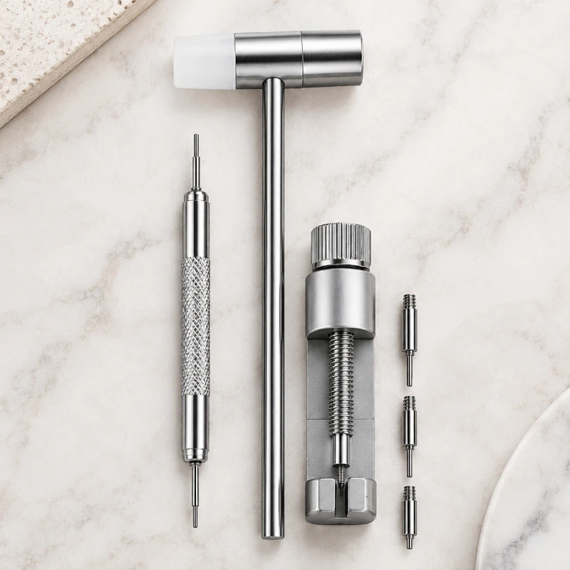 Watch Band Link Pin Remover Tool Kit with Hammer, Punch and Spare Pins, Easy Use for Metal Watch Bracelet Resizing & Adjustment