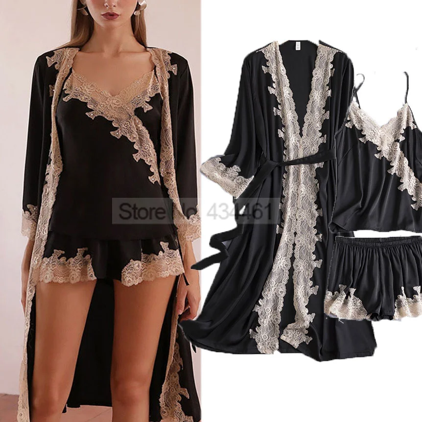 Patchwork Nightgown Kimono Robe Gown Suit With Shorts Lace Three Pieces Sleep Set Lady Pajamas Satin Summer Nightwear Home Wear