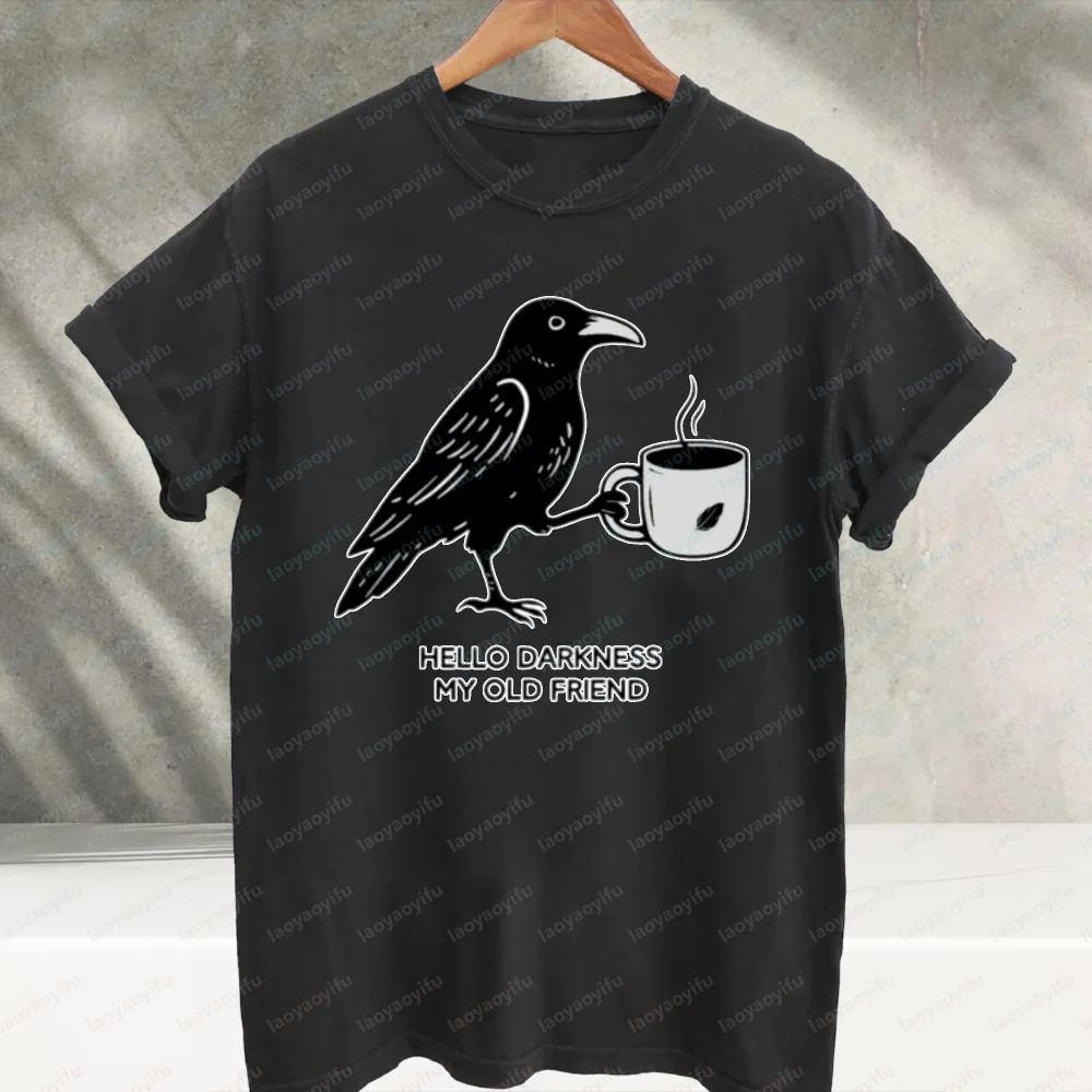 Vintage Halloween Crow Coffee T-Shirt Women Men Cotton Tee Graphic Print Black Bird Steaming Mug Crew Neck Short Sleeve Relaxed