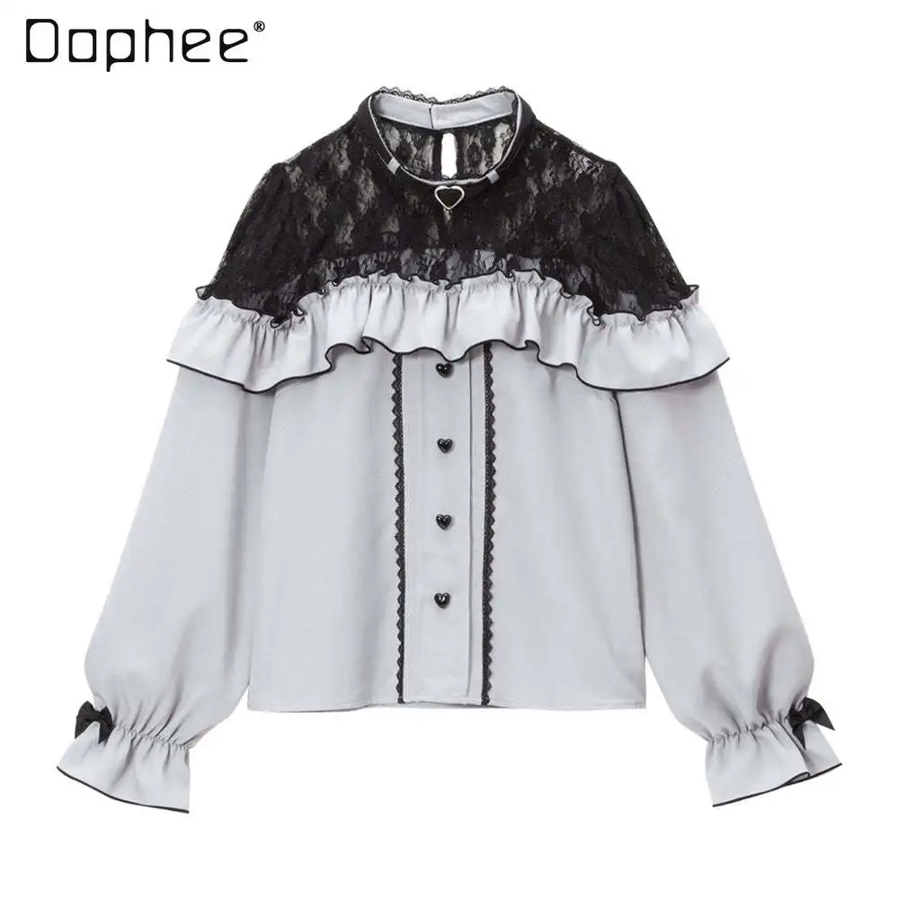 

2023 Autumn New Lolita Sweet Lace Stitching Blouse Ladies Japanese Style Kawaii Long Sleeve Bowknot Top Semi-Transparent Shirt