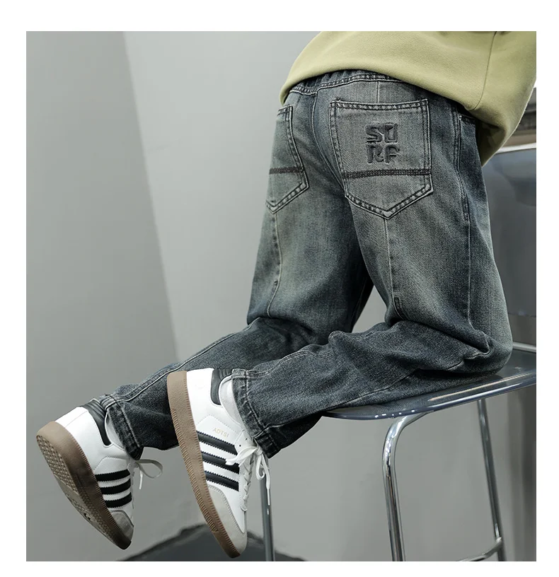 Neue, modische schwarze Jeans für Jungen, lockere, gerade geschnittene Haremshose für Kinder, Cargo-Jeans mit Taschen, Größe 5-14. – Detail 8