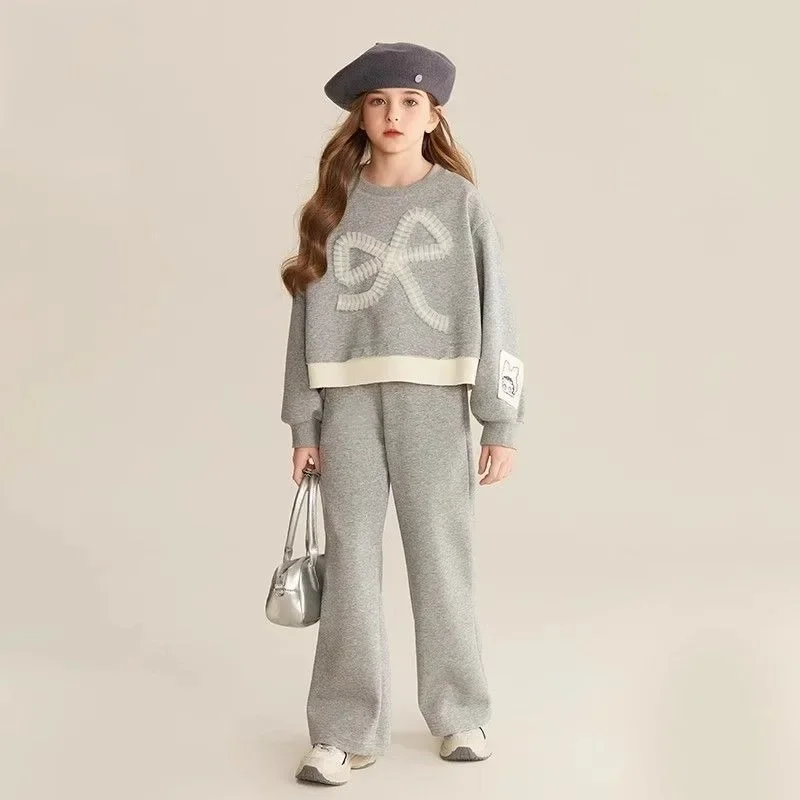 Top & Pants 2-Piece Set Sweatshirt Bow Korean Children's Clothing 2025 Autumn Winter Suits Clothes for Girls From 7 To 8 Years