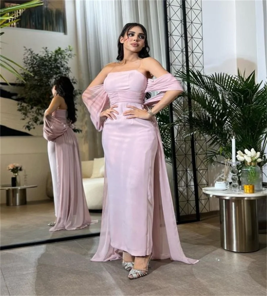 Affascinante abito da sera arabo saudita rosa con strascico elegante abito da ballo Abaya Turchia senza spalline 2025 compleanno di fidanzamento personalizzato