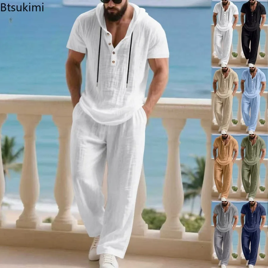 

Men's Linen Hooded Sets 2 Piece Outfit Summer Casual Long Sleeve Hoodie and Wide Leg Pants Set Comfortable Breathable Garment