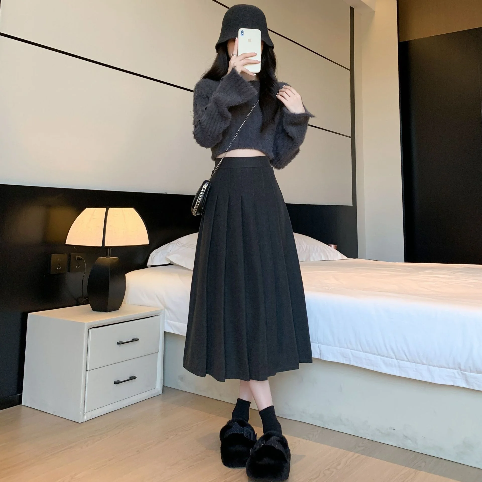 Vintage Brown High Waist Pleated Skirt Women Korean Fashion College Style Long Skirt Autumn and winter Casual A line Skirts