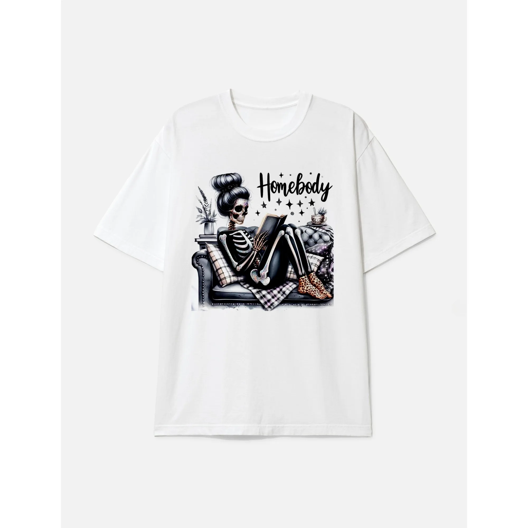 

Men's Casual T-Shirt Gothic Skeleton Homebody Print Short Sleeve Top