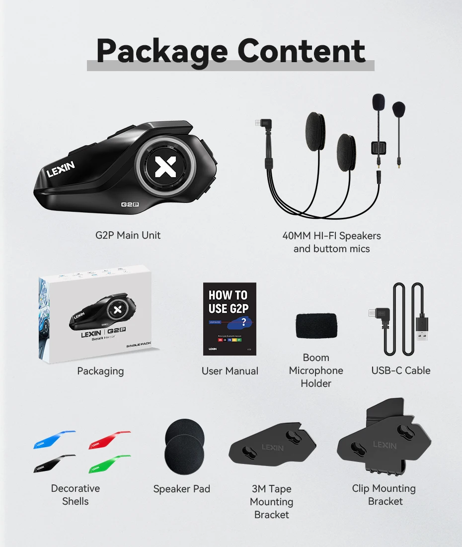 Lexin G2P domofon motocyklowy zestawy słuchawkowe Bluetooth, komunikator głośnomówiący do 6 osób domofon z radiem FM — zdjęcie produktu 8