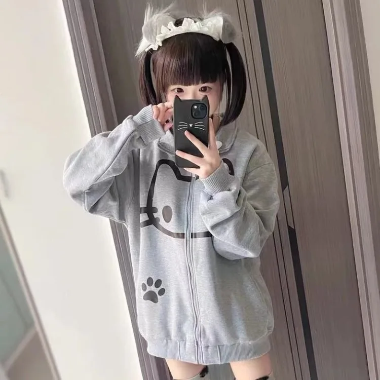 Cute Cat Stand Collar Zipper Coat Women Autumn New Thin Cardigan Tops Mujer Y2k E-Girl Long Sleeve Loose Jackets Sweatshirt