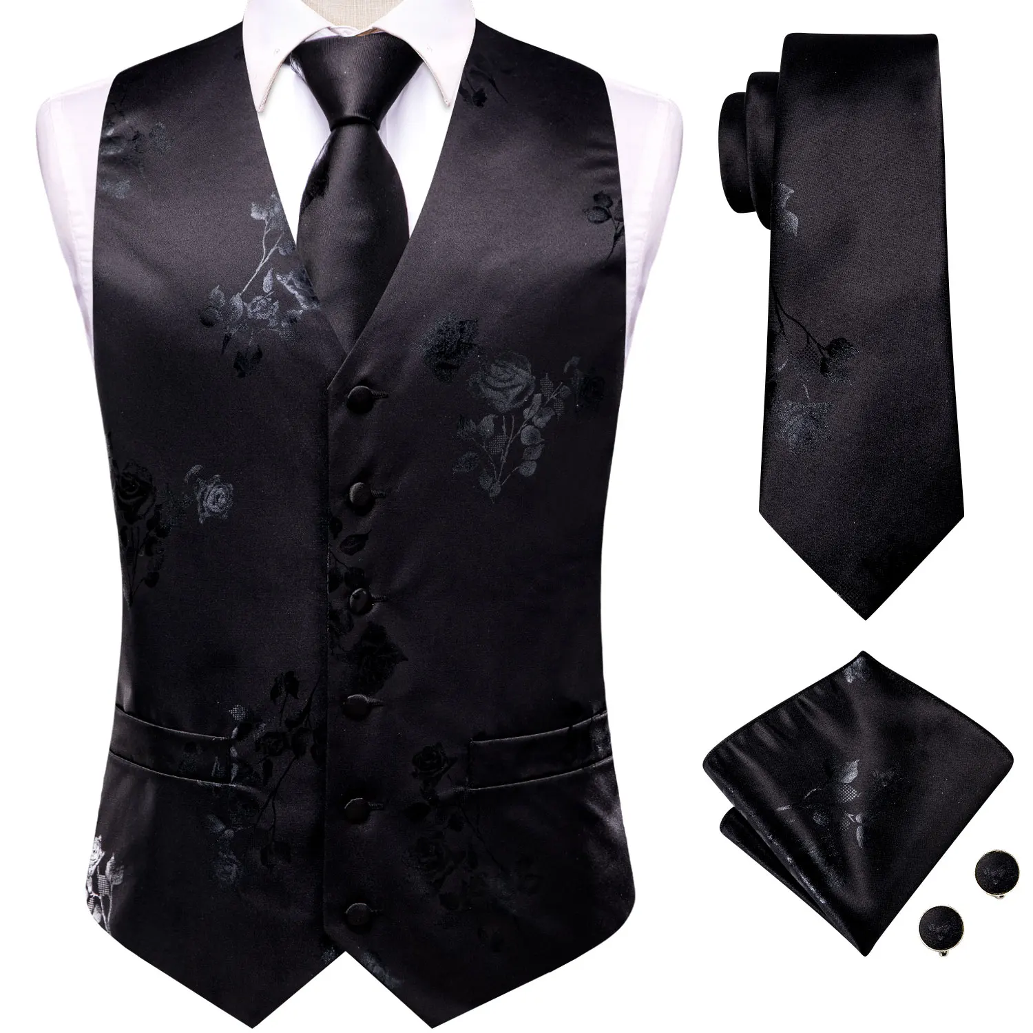 Hi-Tie Formal Black Silk Mens Vests Print Jacquard V-Neck Waistcoat Tie Hanky Cufflinks Brooch Set for Men Suit Wedding Business