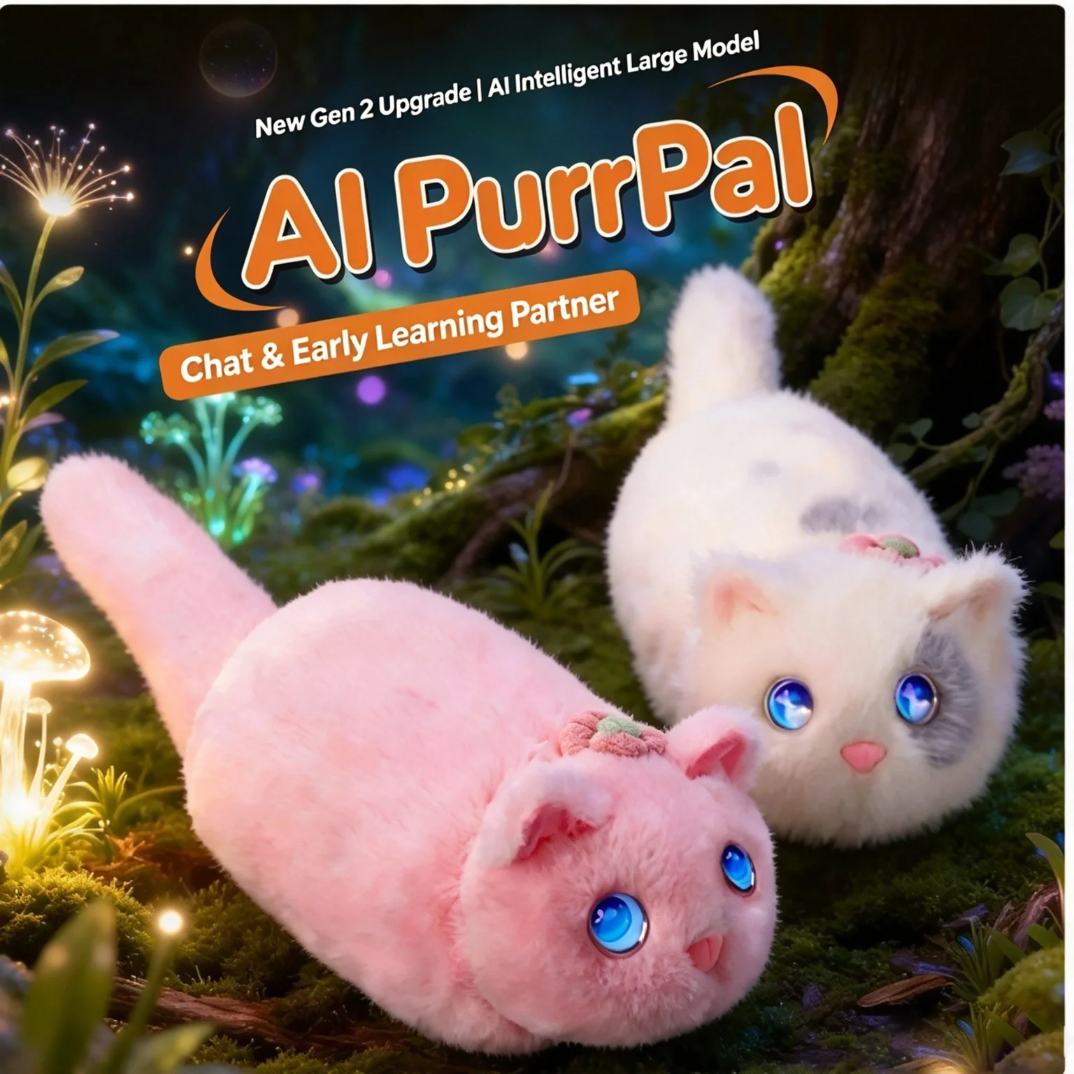 AI Interactive Plush Cat Toy, Smart Talking Stuffed Kitty with Expressive Eyes, Touch Control, APP Remote, Educational Companion