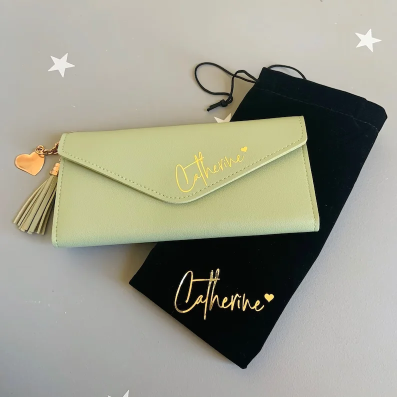 Portefeuille personnalisé pour filles et femmes, petit portefeuille en cuir personnalisé avec nom, sac à main avec initiales, cadeau de demoiselle d'honneur