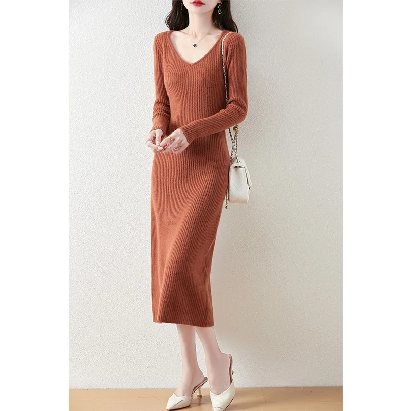 

100% merino wool women's knitted dress, casual, fashionable, V-neck, long, popular, new autumn and winter 2024