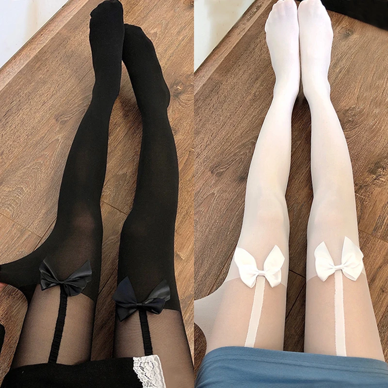 ผู้หญิงเซ็กซี่ถุงน่องสีดํา Vintage Y2K ผีเสื้อพิมพ์ผ้าไหม Pantyhose สาว Lolita ฤดูร้อนบางต้นขาสูงถุงน่อง