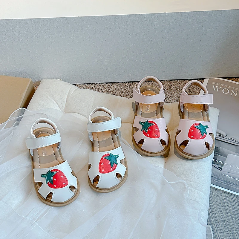 Cute Sandals for Girl Child Strawberry Summer Shoes Child Close Toed Soft Sole Sandal Baby Comfort Casual Flats Beige Pink 22-31