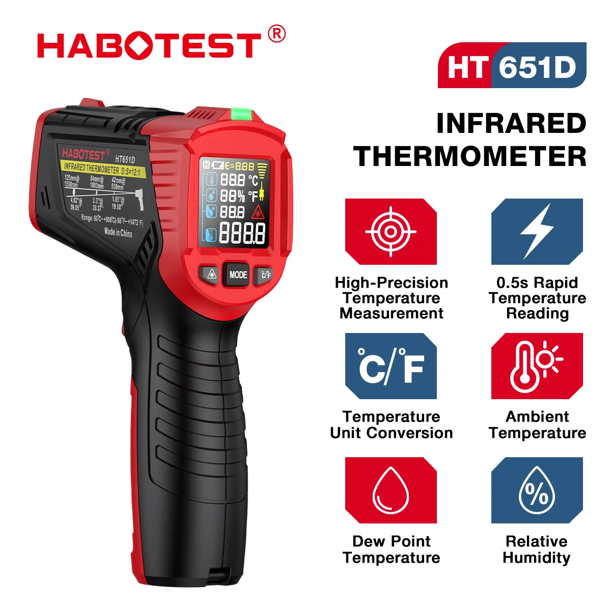 HABOTEST HT651D termometro a infrarossi misuratore di temperatura Laser-50-800 ℃ misuratore di temperatura Laser a infrarossi industriale senza