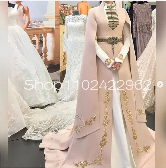 Caucasus National Pink Muslim Wedding Dresses with Cape Long Sleeve Gold Embroidery Applique Caftan Arabic Bridal Gowns