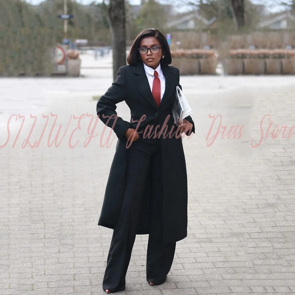 

Elegant Black Women's 2 Pieces Suit Long Blazer+ Pants for Office Business Casual Formal Lady Chic Outfits Conjuntos De Mujer