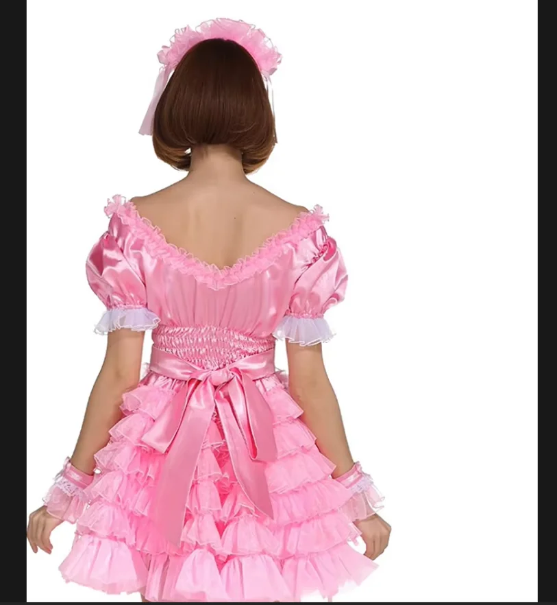 Hot Selling New Sissy Girl Maid Pink Off Shoulder V-neck Multi-layer Fluffy Dress Role Play Customizable