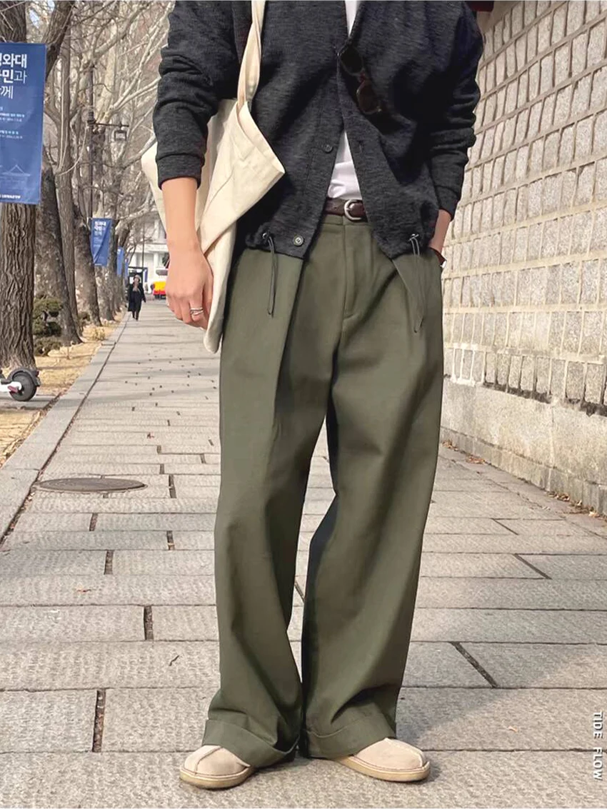 

American Sle Cotton Linen Workwear Men's Loose Straight Leg Pants f Elastic Buttoned Linen Breathable Suit Pants Trendy