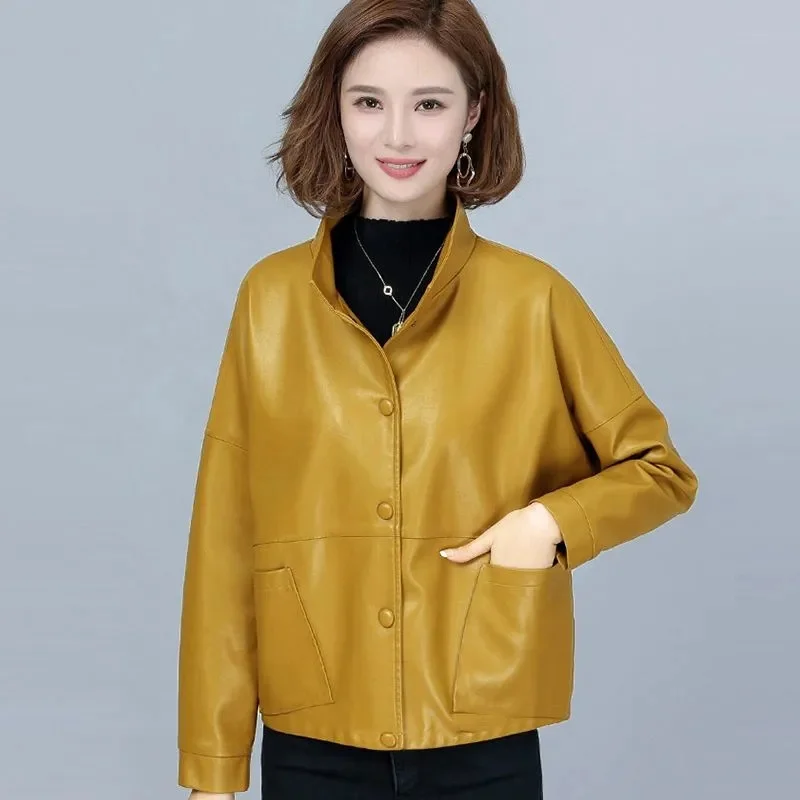 2024 Spring New Short Coats Casual Collar Fashion PU Leather Jacket Women\'s Temperament Outwear Motorcycle Overcoat Ladies Tops