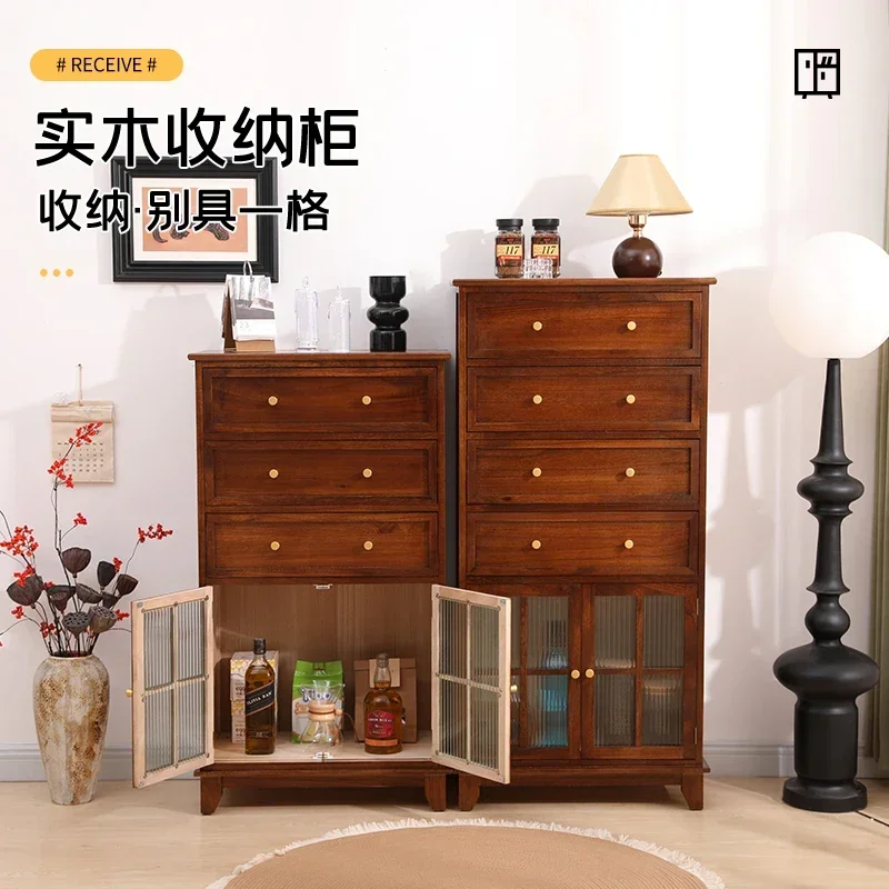 Solid wood chest, living room against the wall, multi-layer storage cabinet, side cabinet with door drawer, American bedroom loc