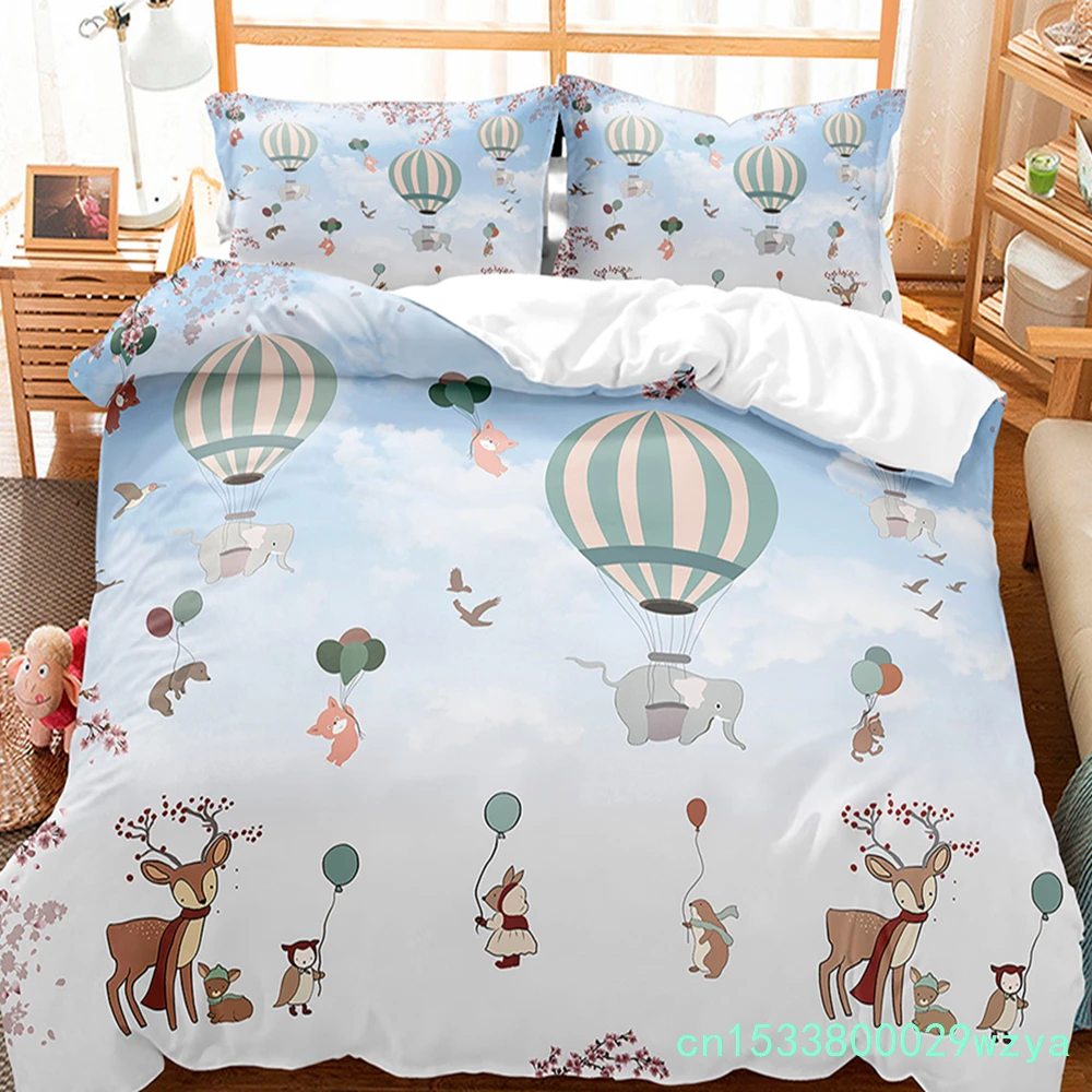 Hot Air Balloon Duvet Cover Set Single King Cartoon Animal Bedding Set Cute Sika Deer Elephant Comforter Cover For Kids Teens
