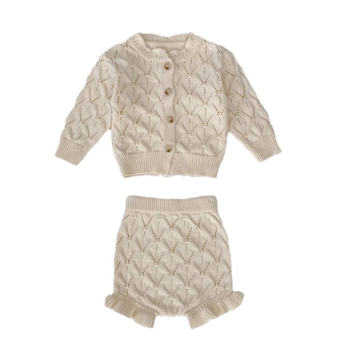 0-3T pasgeboren kind babymeisje kleding set uitgehold lange mouw top shorts set pasgeboren baby trui set schattige gebreide outfit