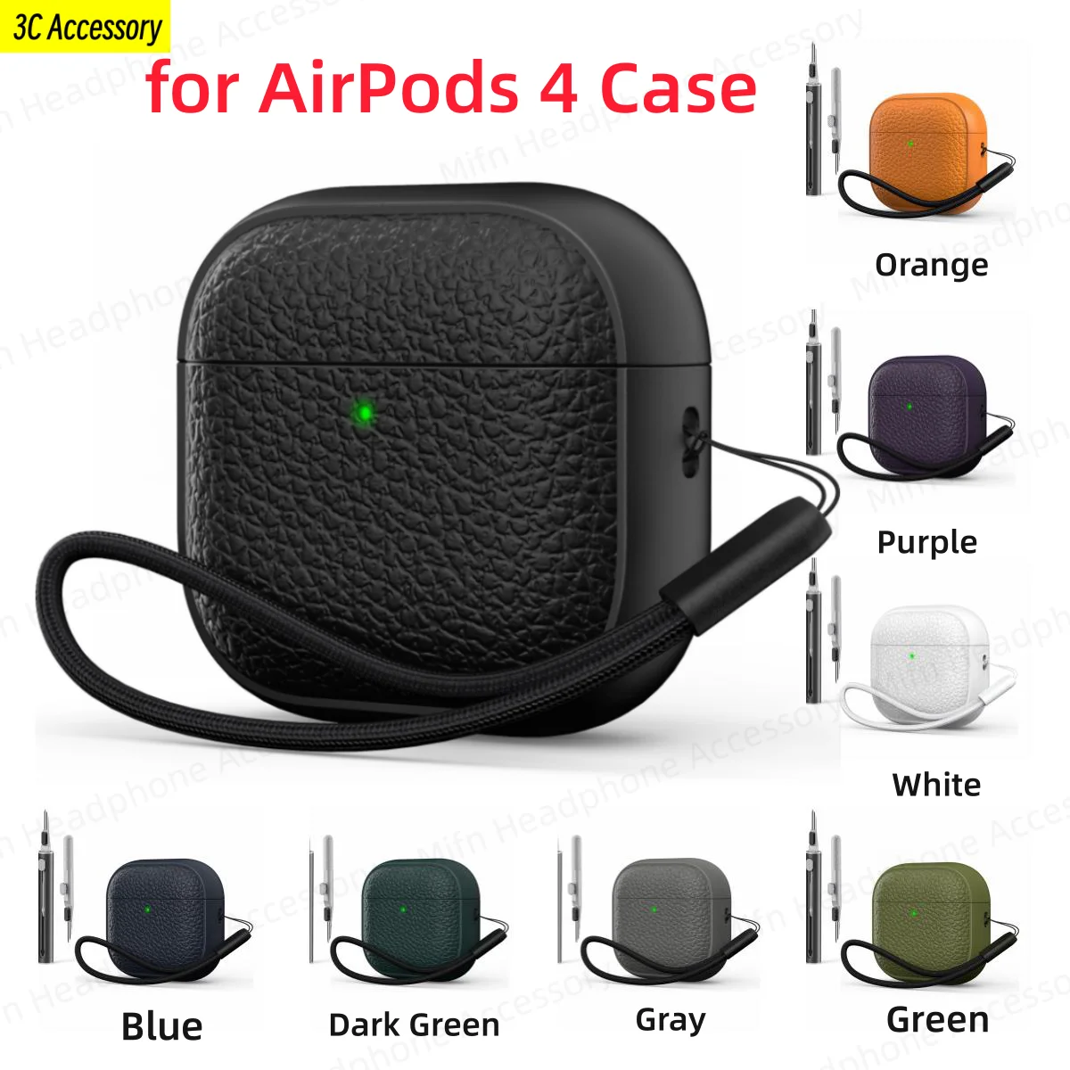 New for AirPods 4 Case Cover with Lanyard& Cleaner Kit Soft TPU (Leather-Like) Drop Protection Cover for Men for Airpods 4th Gen