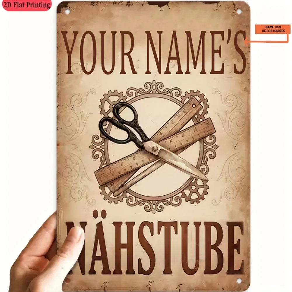 [2D Flat] 1pc Custom Name Nähstube Sewing Room Metal Scissors Ruler Vintage Wall Decor (Only For Decoration)