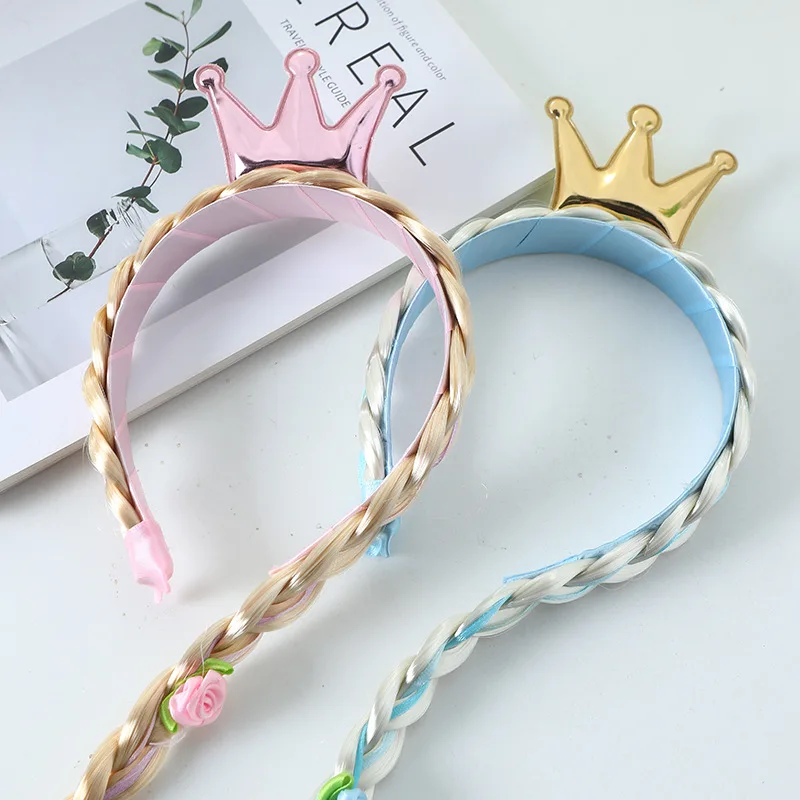 Princess Crown Flower Weaving Braid Girls Elsa Coplay Long Braid Wig Headband Queen Crown Pink Yellow Hairpin Wig Kids Hair Rope