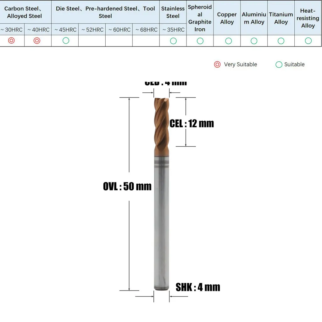 スパイラルタングステンカーバイドフライス工具、シャンク4mm、3mm、4フルート、鋼用hrc50、CNCルーターカッター、スロット付き、フェインドミルビット
