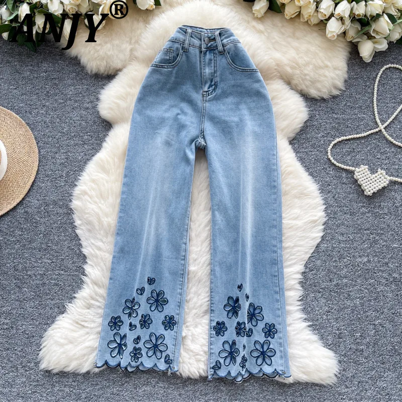 

ANJY Autumn New Women Chic Jeans Floral Embroidery Pockets Straight High Street Elegant Stylish Casual Denim Cropped Pants A8823