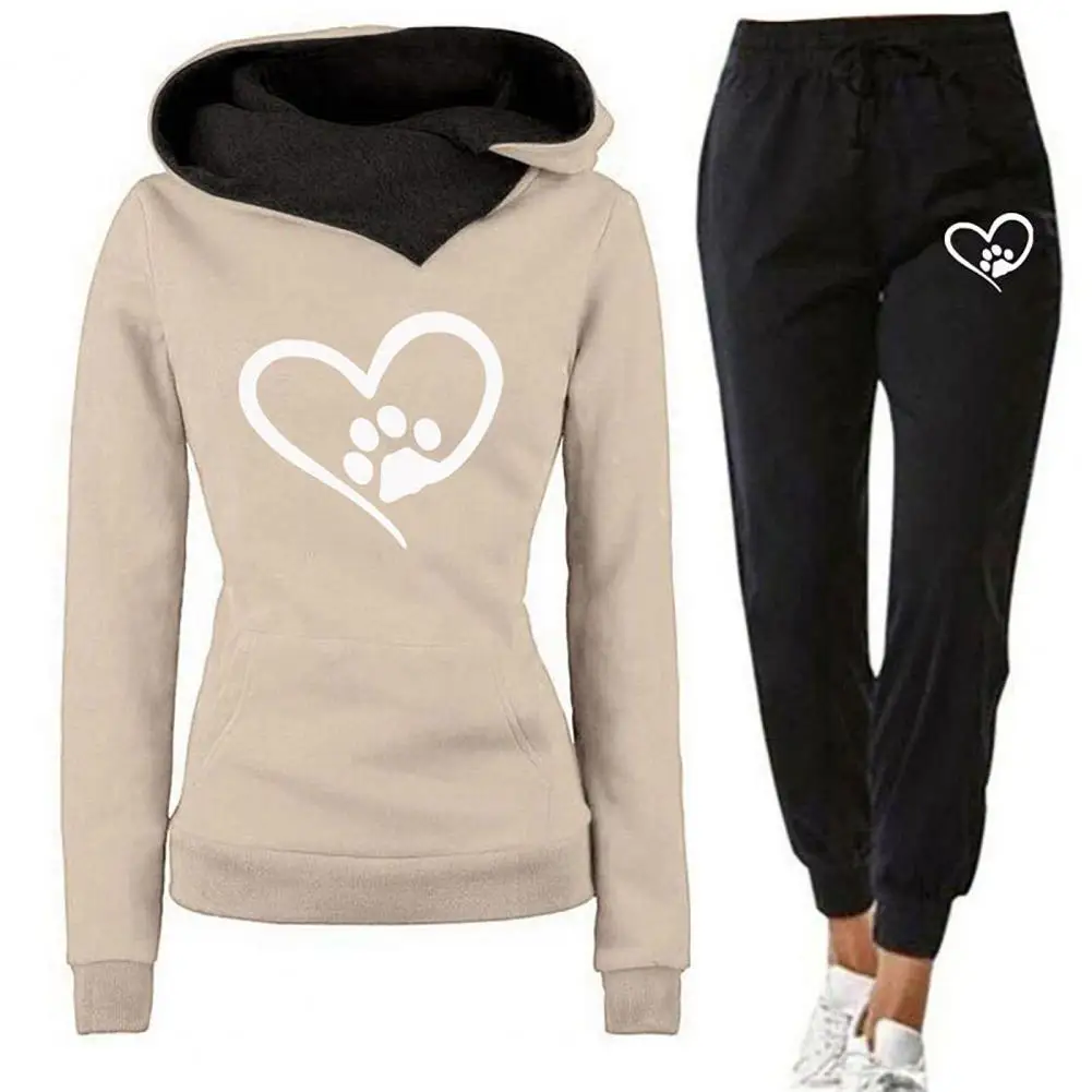 Women Sweatshirt Pants Set Heart Print Sport Outfit Women\'s Hooded Sweatshirt Jogger Pants Set for Autumn Winter Fitness