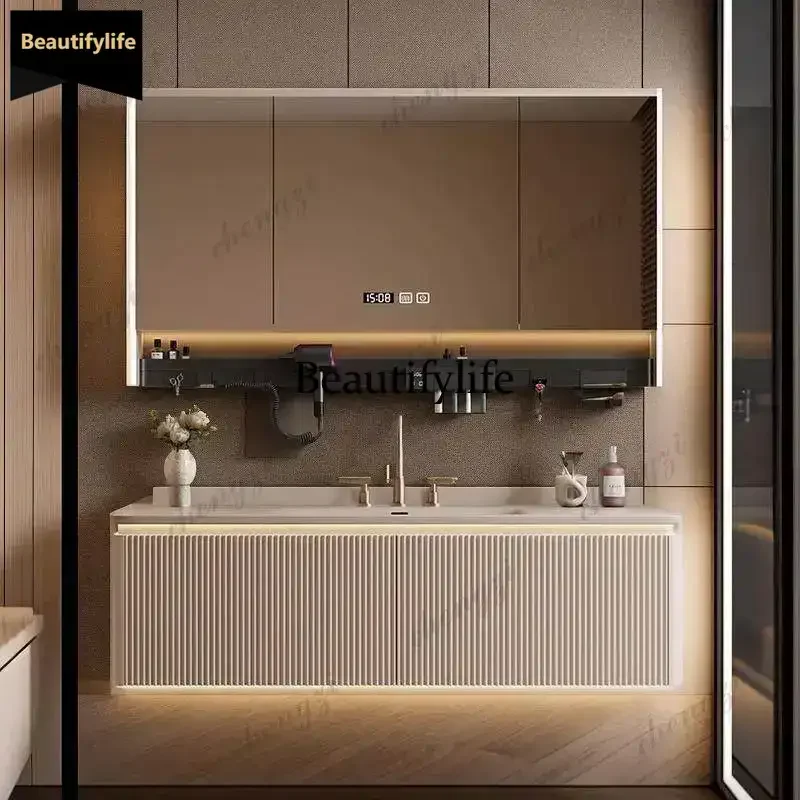 Luxury Vanity Bathroom Oak Furniture Bathroom Cabinet with Washbasin Creamy Style Rock Combination Mirror Included Solid Wood b5