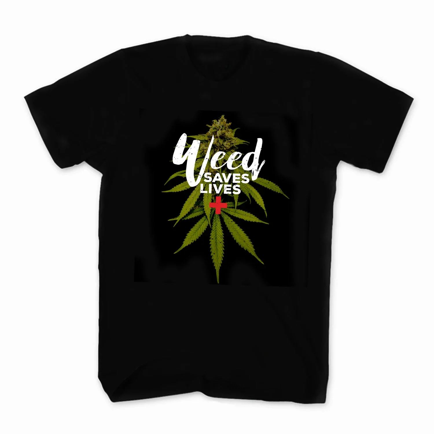 Seven Leaf Weed Saves Lives Funny Marijuana Cannabis T-Shirt New 100% Cotton Short Sleeve O-Neck Casual Mens T-shirt Streetwear