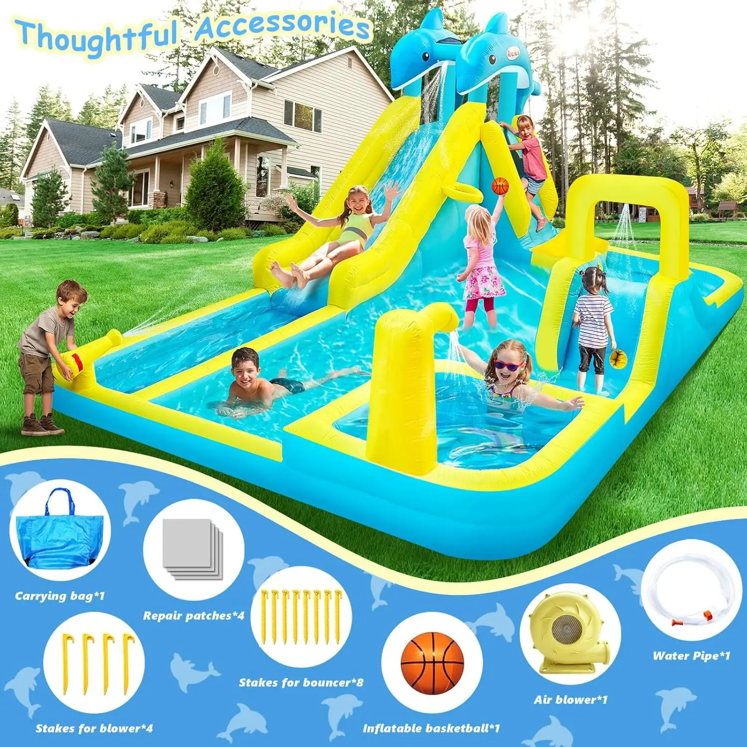 Aufblasbare Wasserrutsche, Delphin Styling Giant Bouncy Waterslide Park, mit extra langer Rutsche, Kletterwand, tiefer Pool, Wasserkanone