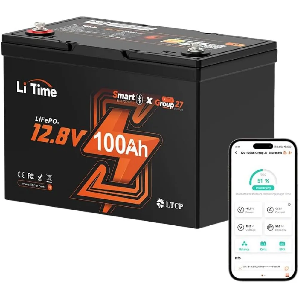 

12V 100Ah Group 27 Bluetooth LiFePO4 Battery, Lithium Battery, Built-in 100A BMS with Low-Temp Protection, Max. 15000 Cycles