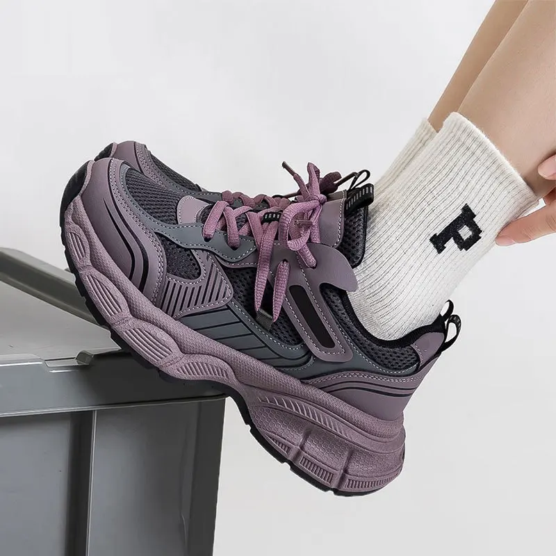 Women's Purple Mesh Chunky Sneakers 4cm Height Increase Casual Dad Shoes Lightweight Platform Sole All Season Ready Stock image 2