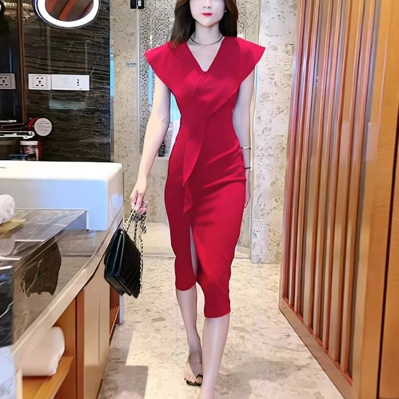 Summer New Korean Fashion Elegant Fairy Style Slim V-neck Split Waist Dress Solid Patchwork Ruffles Folds Sexy Hip Wrap Dresses