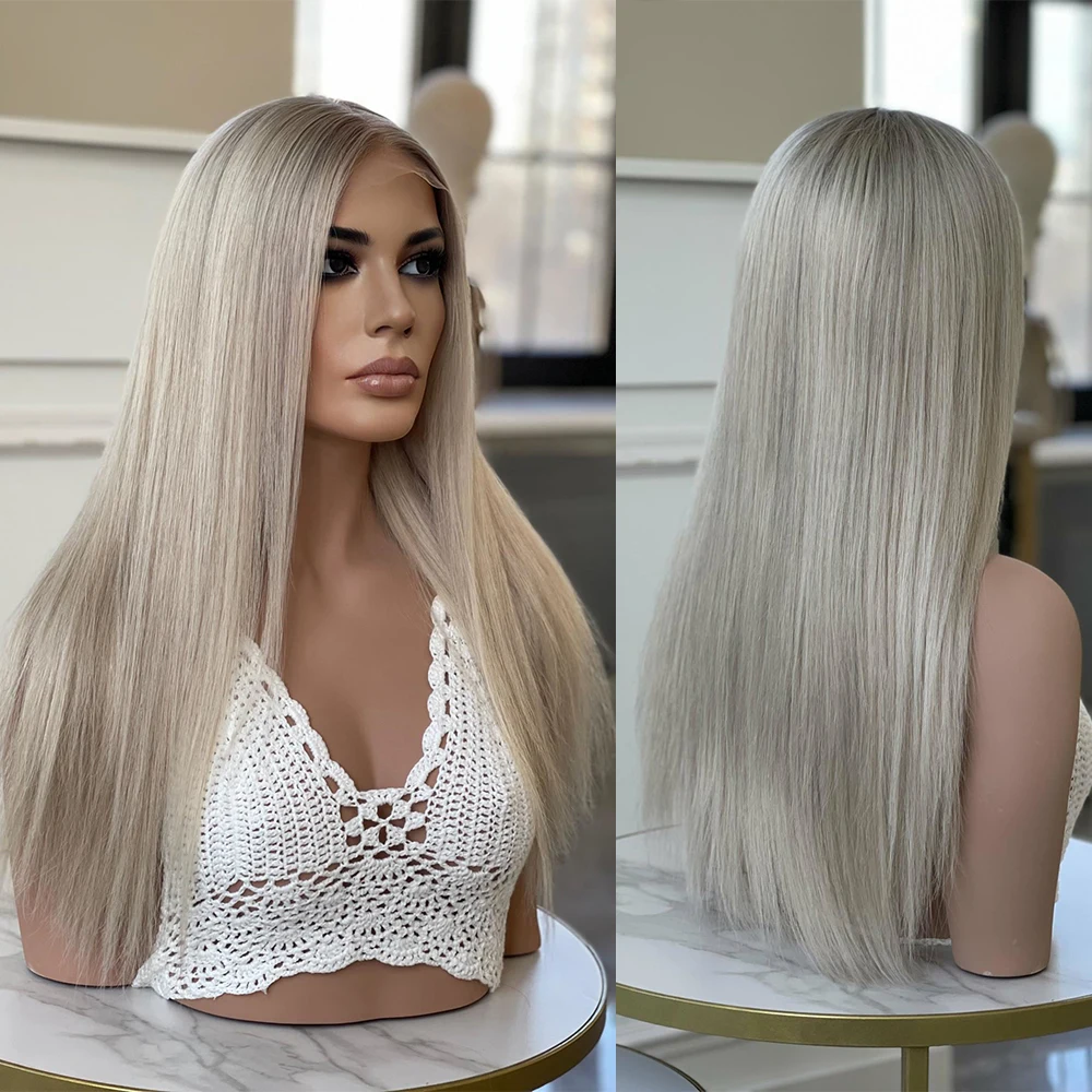 

#60 Silky Sraight Full Lace Human Hair Wigs Silver Blonde Lace Front Wig Virgin Hair 13x6 HD Middle Part Natural Hairline 180%