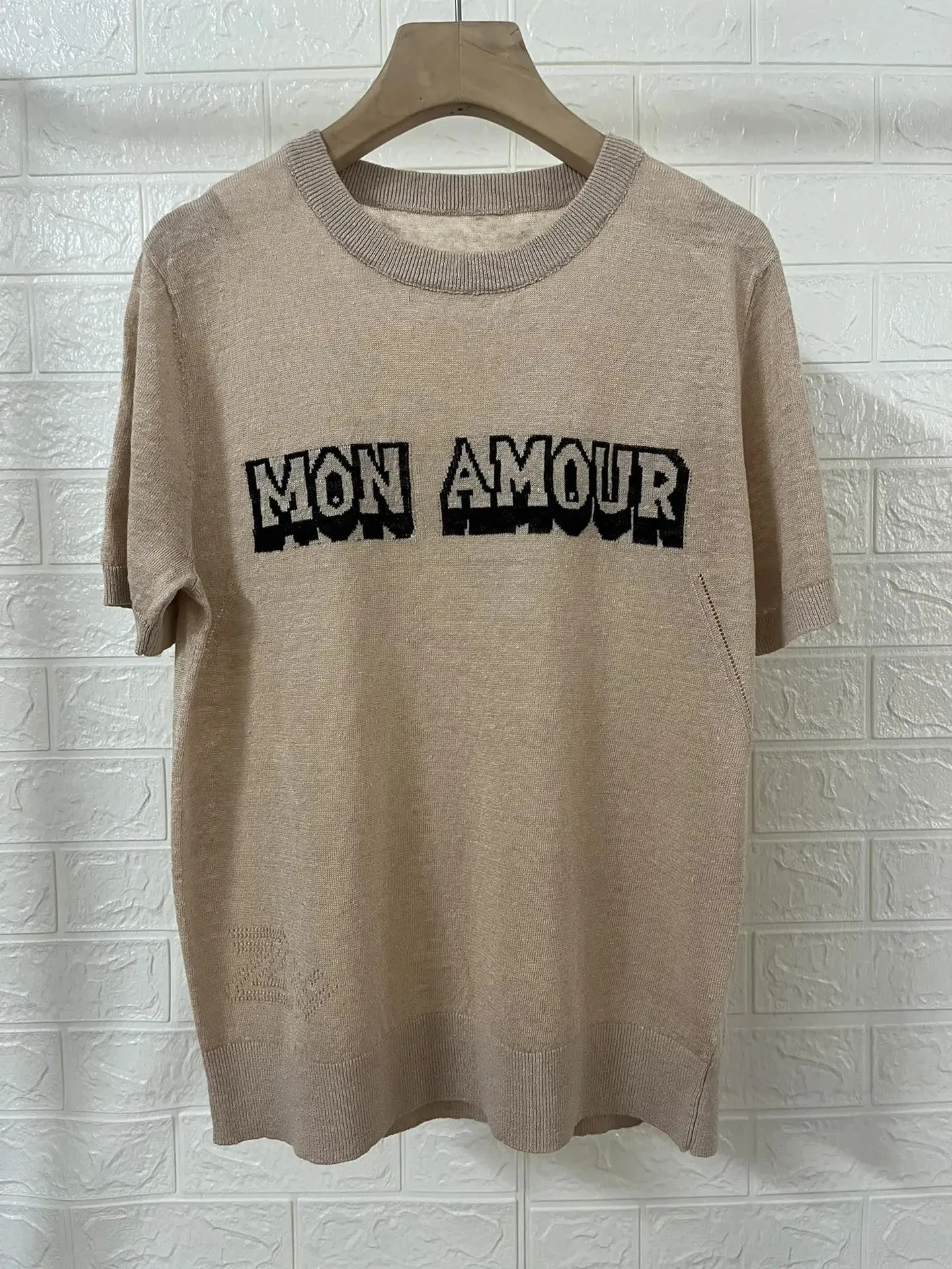 Letters Short Sleeve Knitwear Tee Women Linen Round Neck Knitted T-Shirt Clearance Price Top