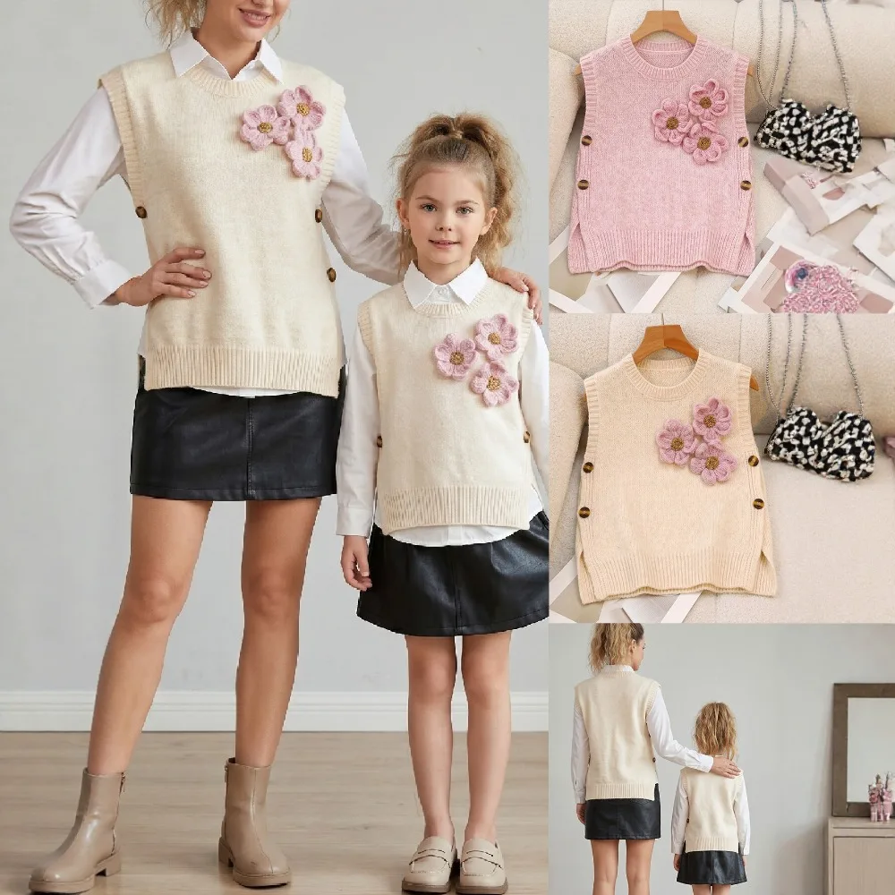 New Autumn Winter Mommy And Me Sleeveless Loose Knit Vest, Round Neck 3D Floral Matching Outfits For Mom And Girls