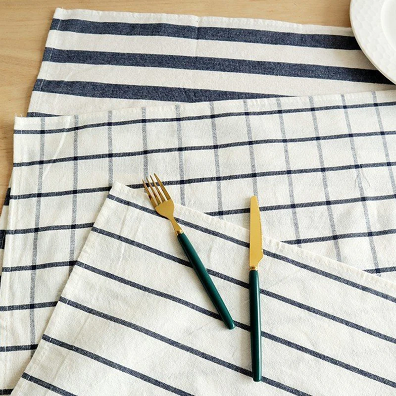 Cotton Stylish Western Tablecloth Chic Atmosphere Enhancement Blue Gingham Stripe Pattern Fully Washed Small Table Runner