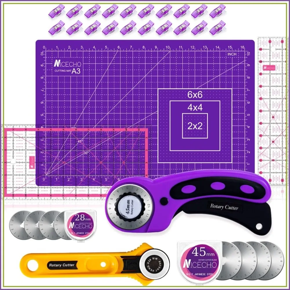 

Rotary Cutter Set - 45mm & 28mm Fabric Cutters with 8 Blades, A3 Cutting Mat, 6x12 & 2.5x12 Quilting Rulers, Sewing Quilting Supplies for Lovers & Beginners