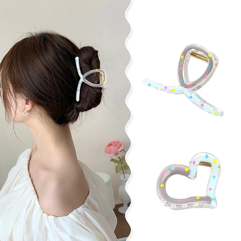 Trendy Colorful Polka Dot Hair Clips For Women Love Heart Design Hair Claw Plastic Hairpin Sweet Girls Hair Accessories